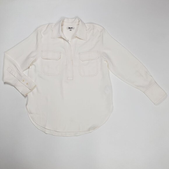 Madewell Contrast-Stitch Popover Shirt Women Small Winter White Crepe Blouse NWD - Picture 4 of 16
